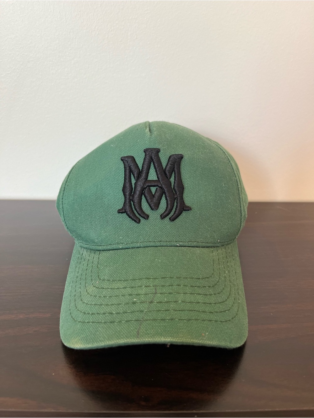 AMIRI Green Cap with Black Leather Logo Patch